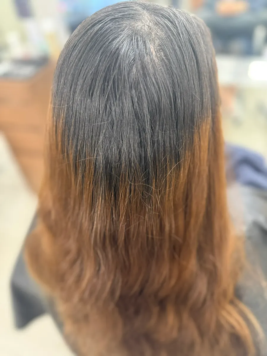 Hair before, showing 3 months of grown-out patchy roots
