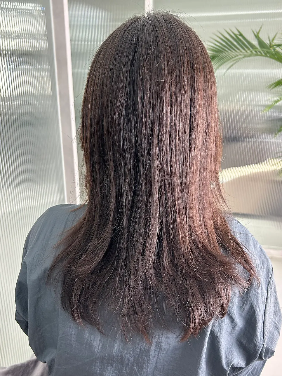 Mid-length hair with clearly defined layers seen from behind