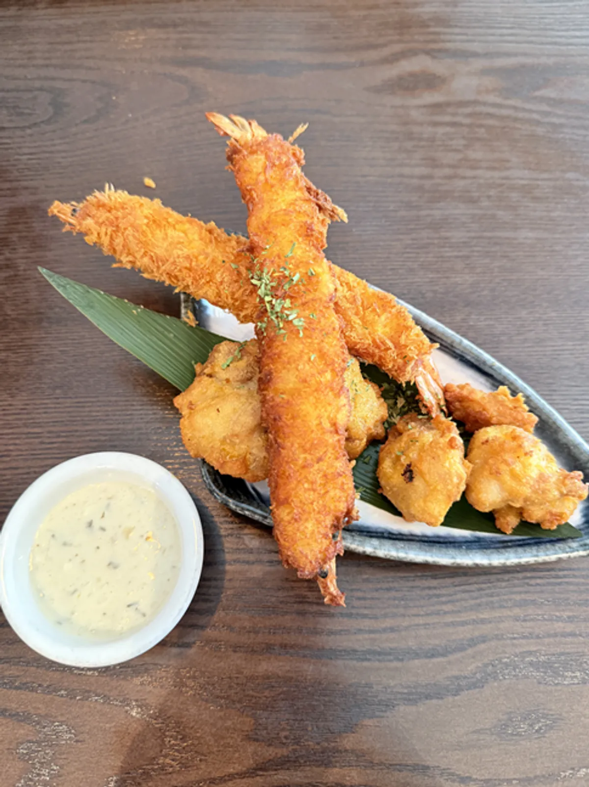 Fried shrimp, karaage, and mini curry sides