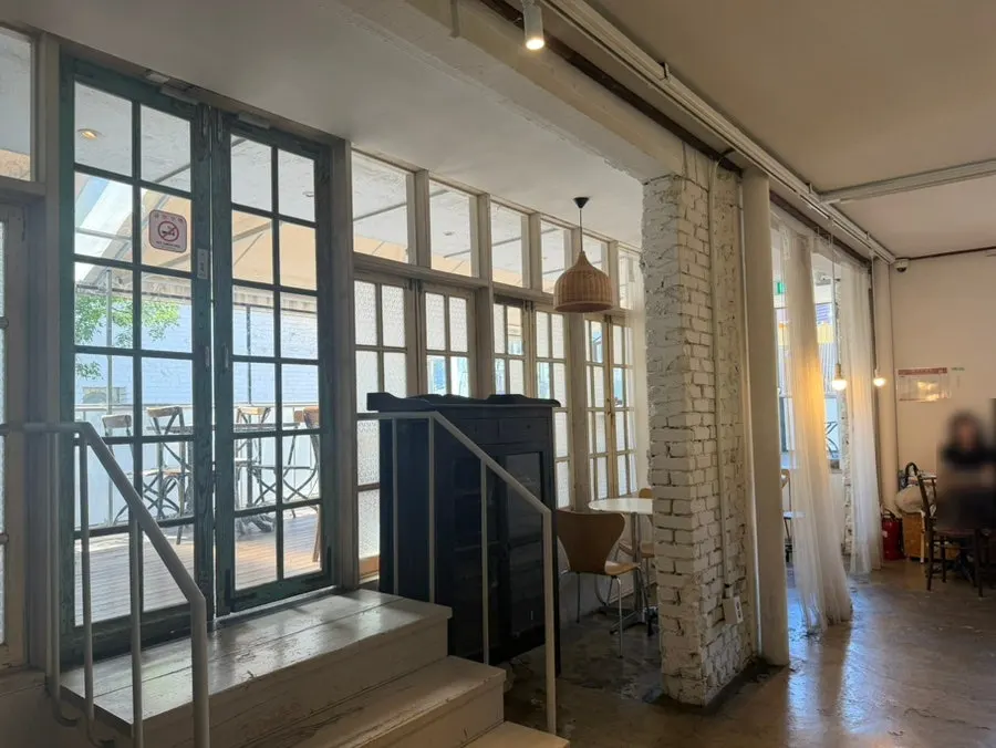 Comfortable, bright third-floor café interior