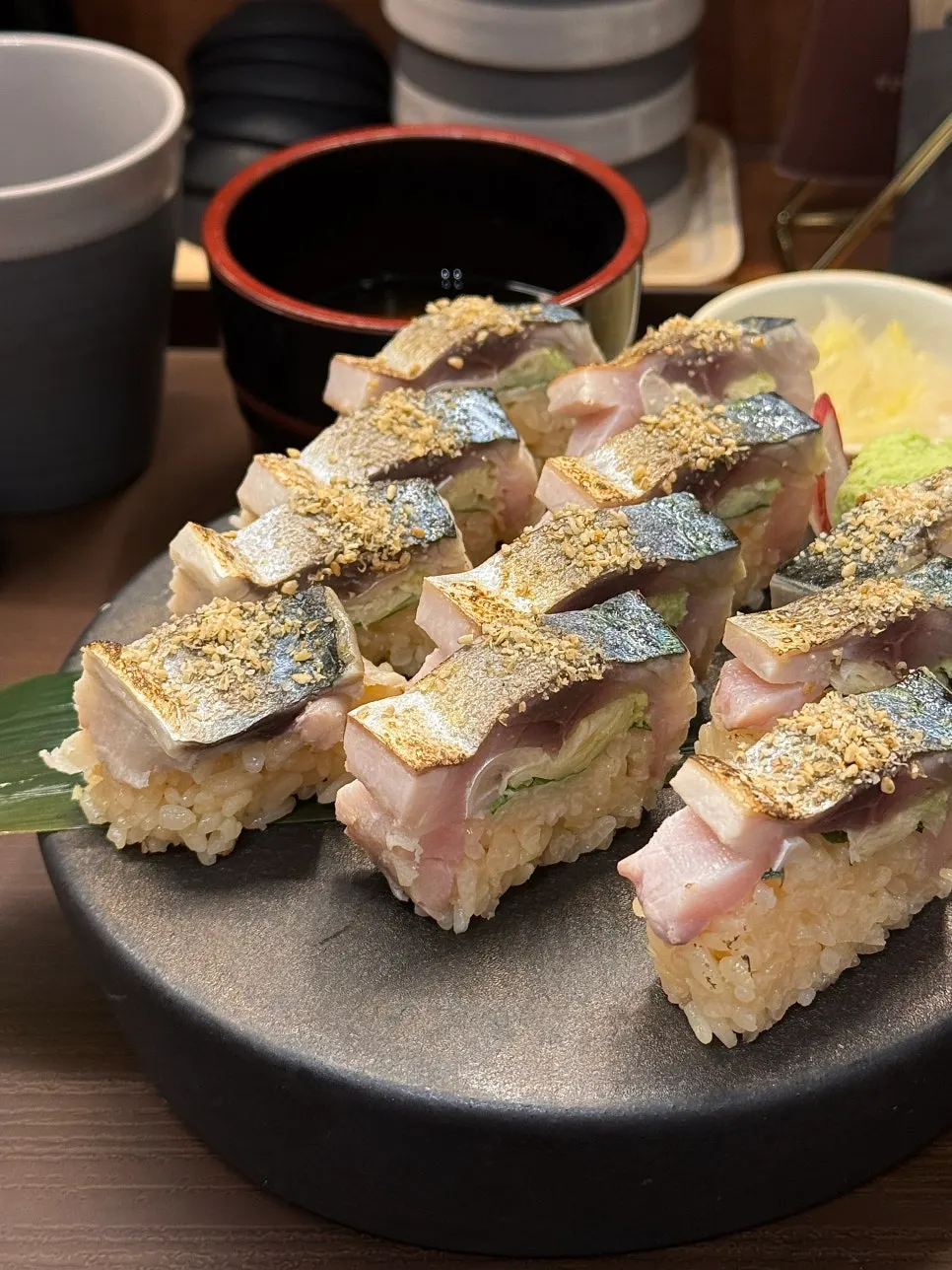 Cross-section of seared saba bo sushi