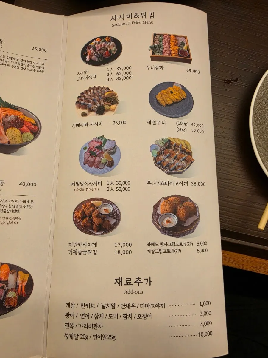 Menu page for à la carte sushi and sashimi