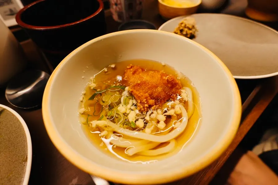 Cold udon noodles topped with karaage fried chicken