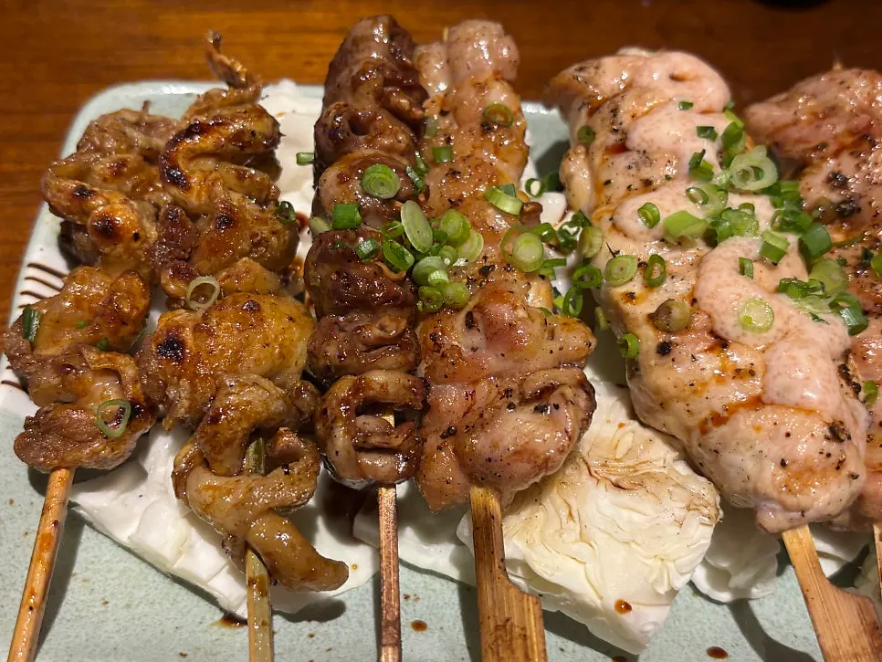 구워져 나온 야키토리 꼬치 클로즈업