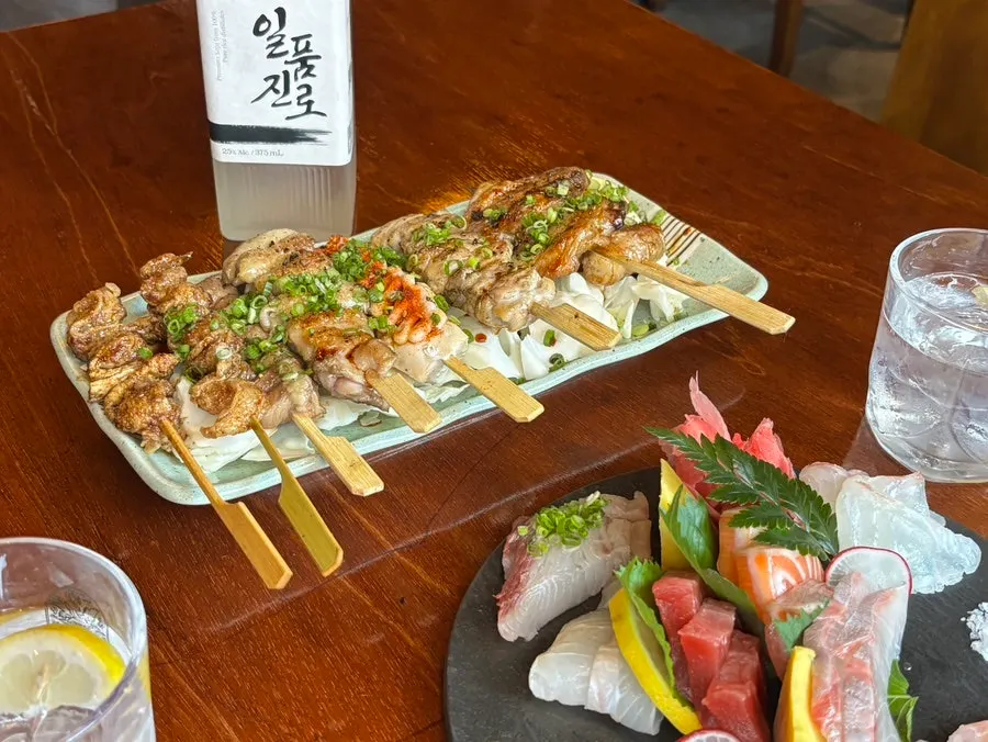 Close-up of golden-grilled yakitori