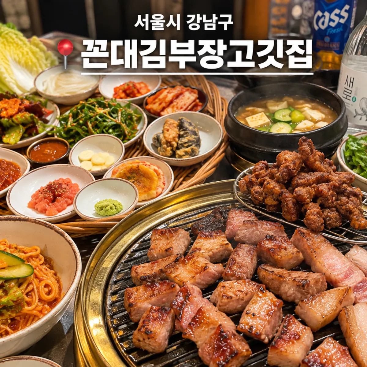Signature table spread of meat at Kkondae Kim Bujang Gogi-jip Gangnam Station Branch