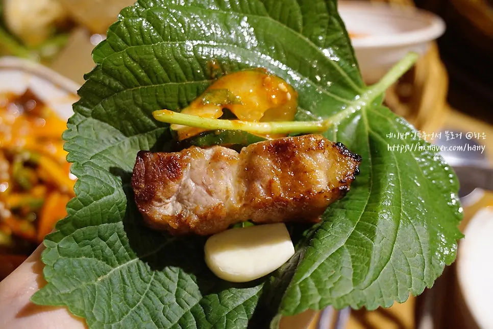 구워진 삼겹살 한 점 클로즈업