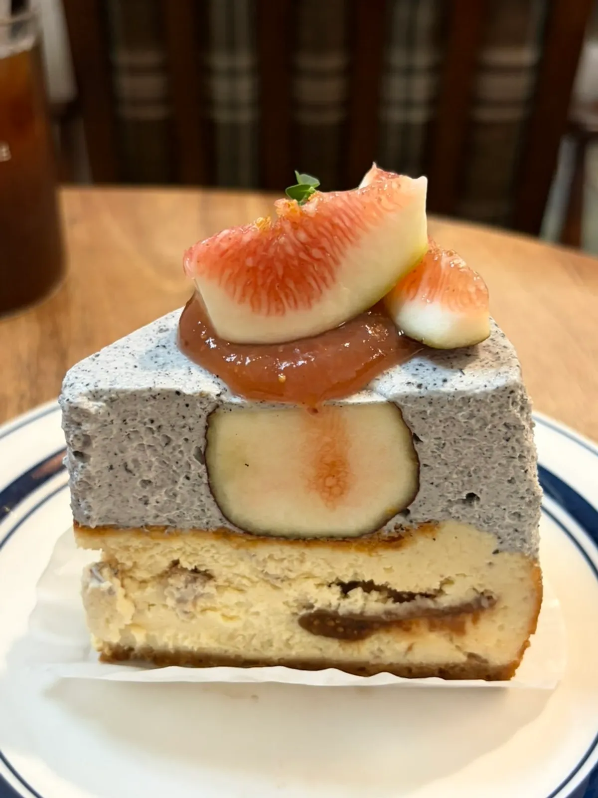 Choco financier and black sesame fig cream cheese cake