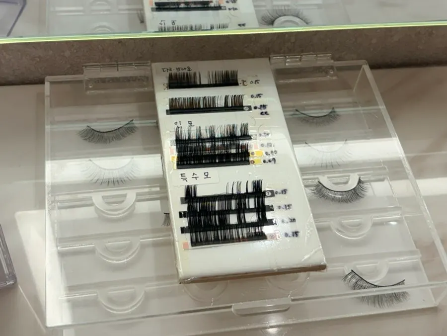 Lash material samples on the vanity