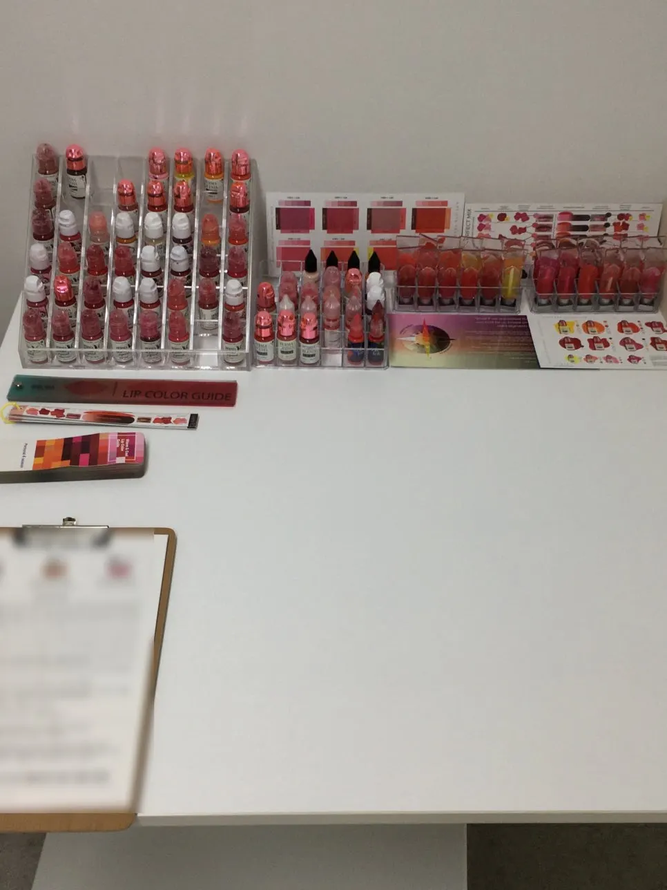 Table with lip pigments neatly arranged