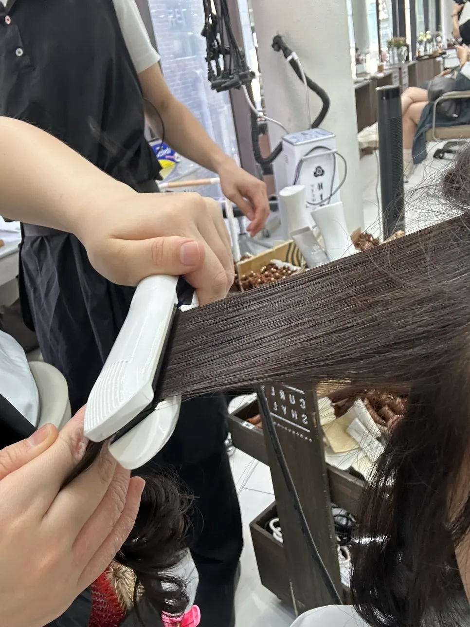 Perm process with hair condition checks
