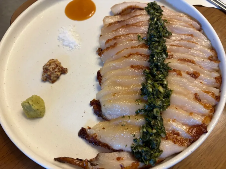 Perilla oil salted-seafood pasta portioned onto a small plate