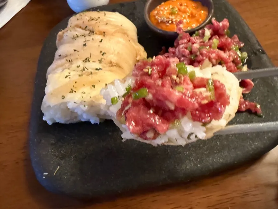 Korean beef tartare dipped in sauce