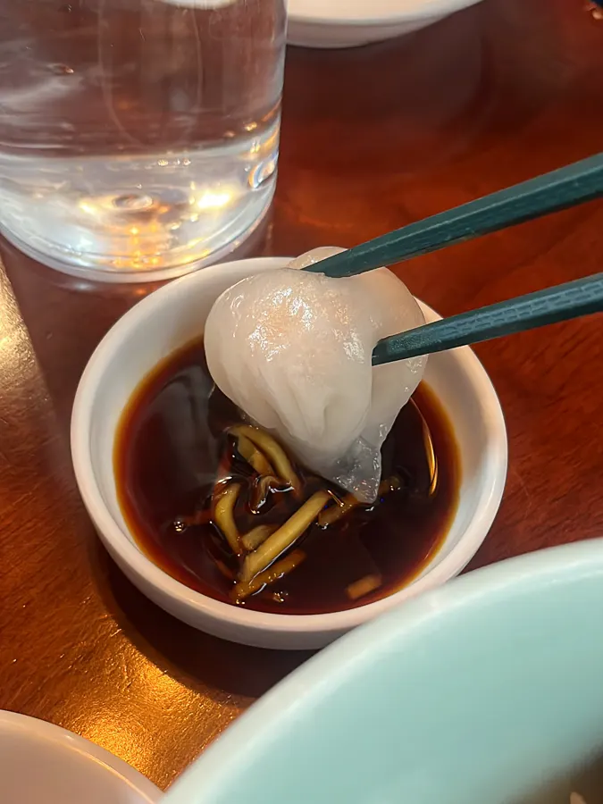 Close-up of translucent-skinned shrimp har gow
