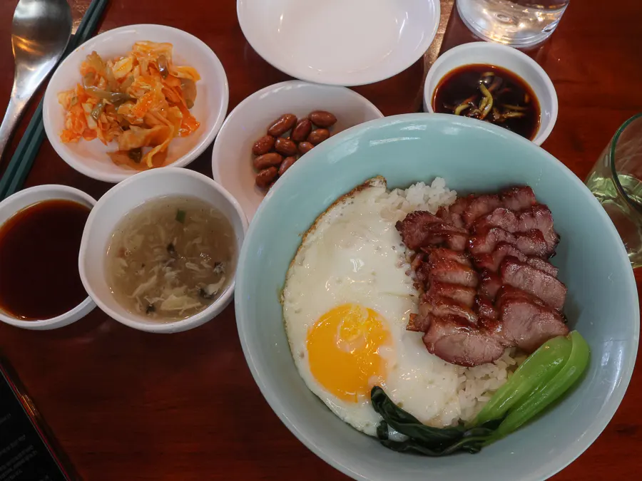 Honey sauce char siu rice bowl served with egg drop soup