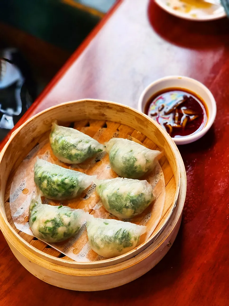 Crystal moon dumplings showing whole shrimp and chive filling