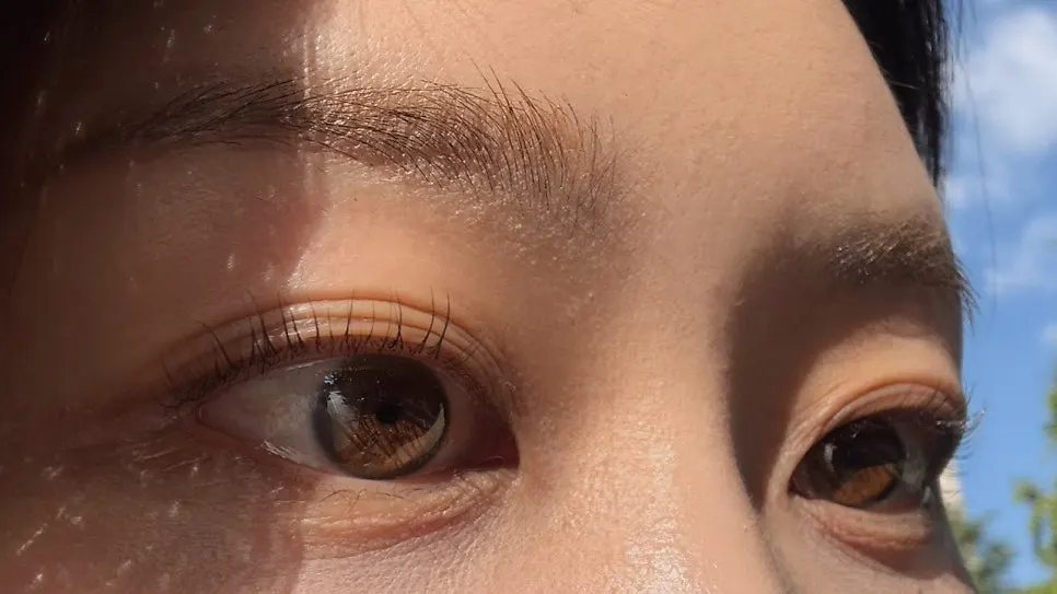 Close-up of eyes with lashes now tidied upward