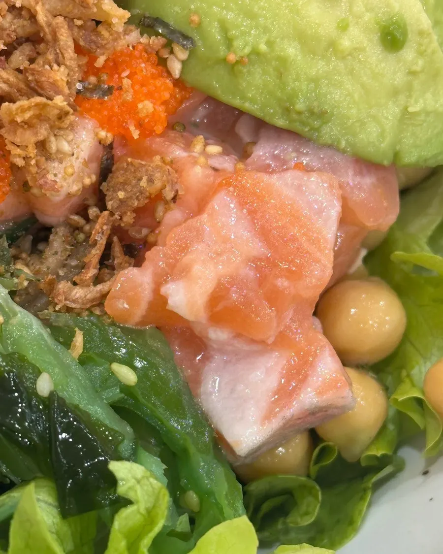 Fresh raw salmon topping on the Super Protein poke