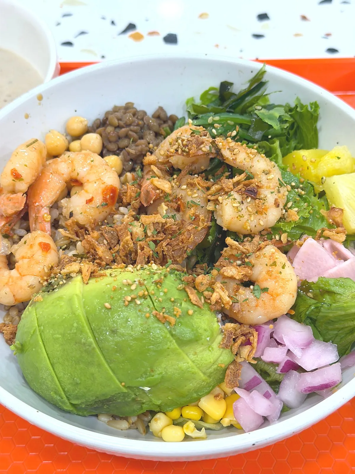 Close-up of the plump shrimp and vegetables on the poke