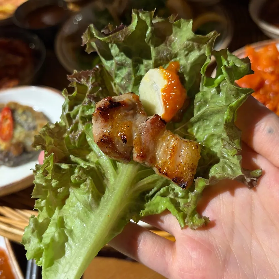 구운 삼겹살 한 점 클로즈업
