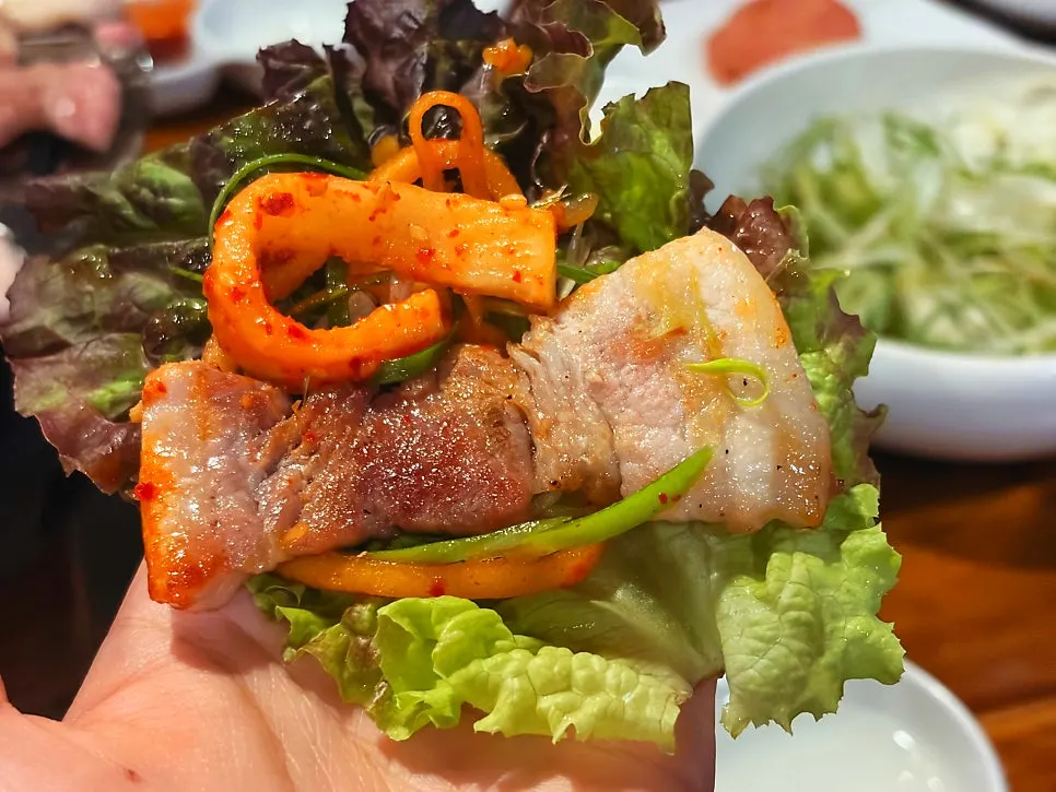 Pork belly paired with scallion kimchi