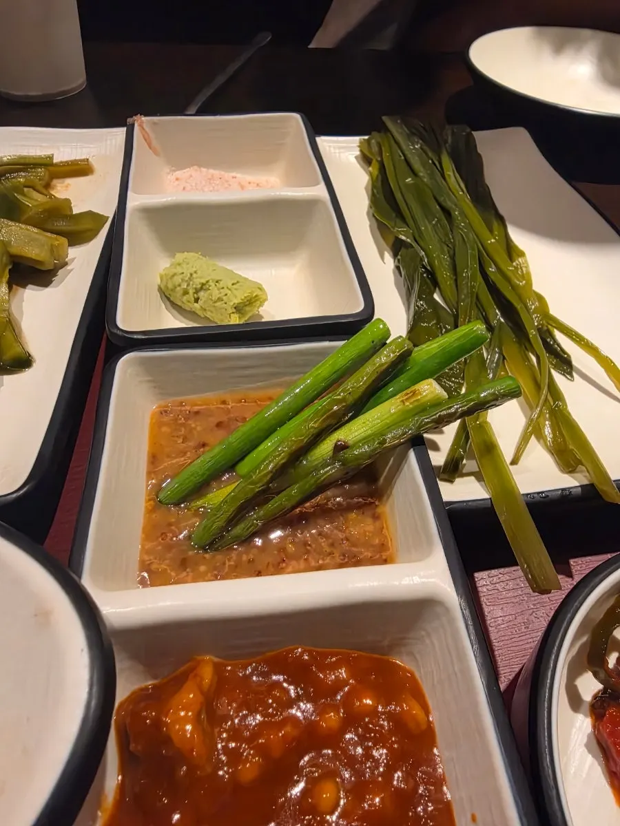 Grilled vegetables in dipping sauce