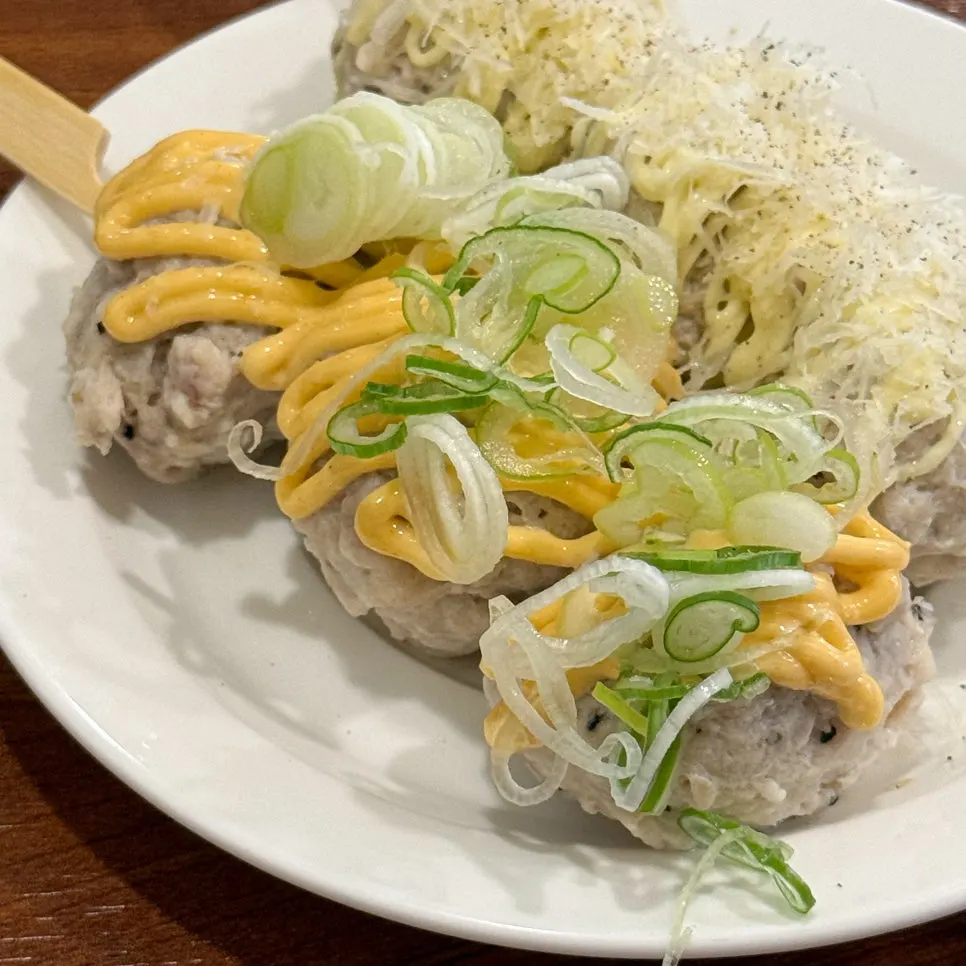 Assorted tsukune with cheese mayo and myeongran mayo