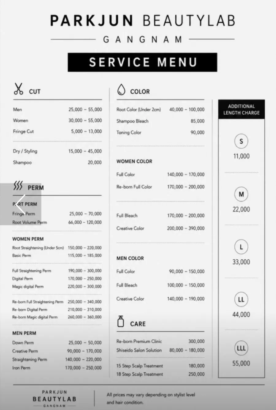 Hair service menu