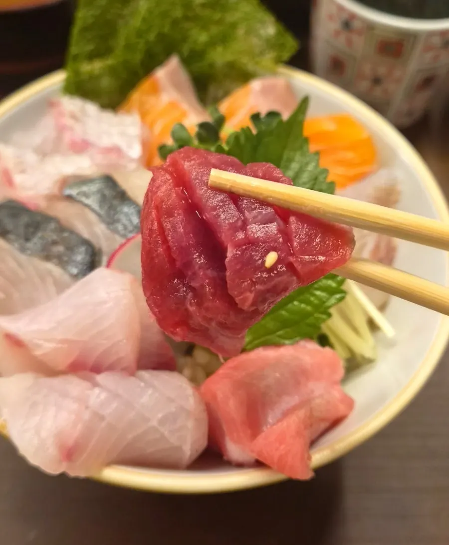 Deluxe sashimi rice bowl topped with assorted aged fish