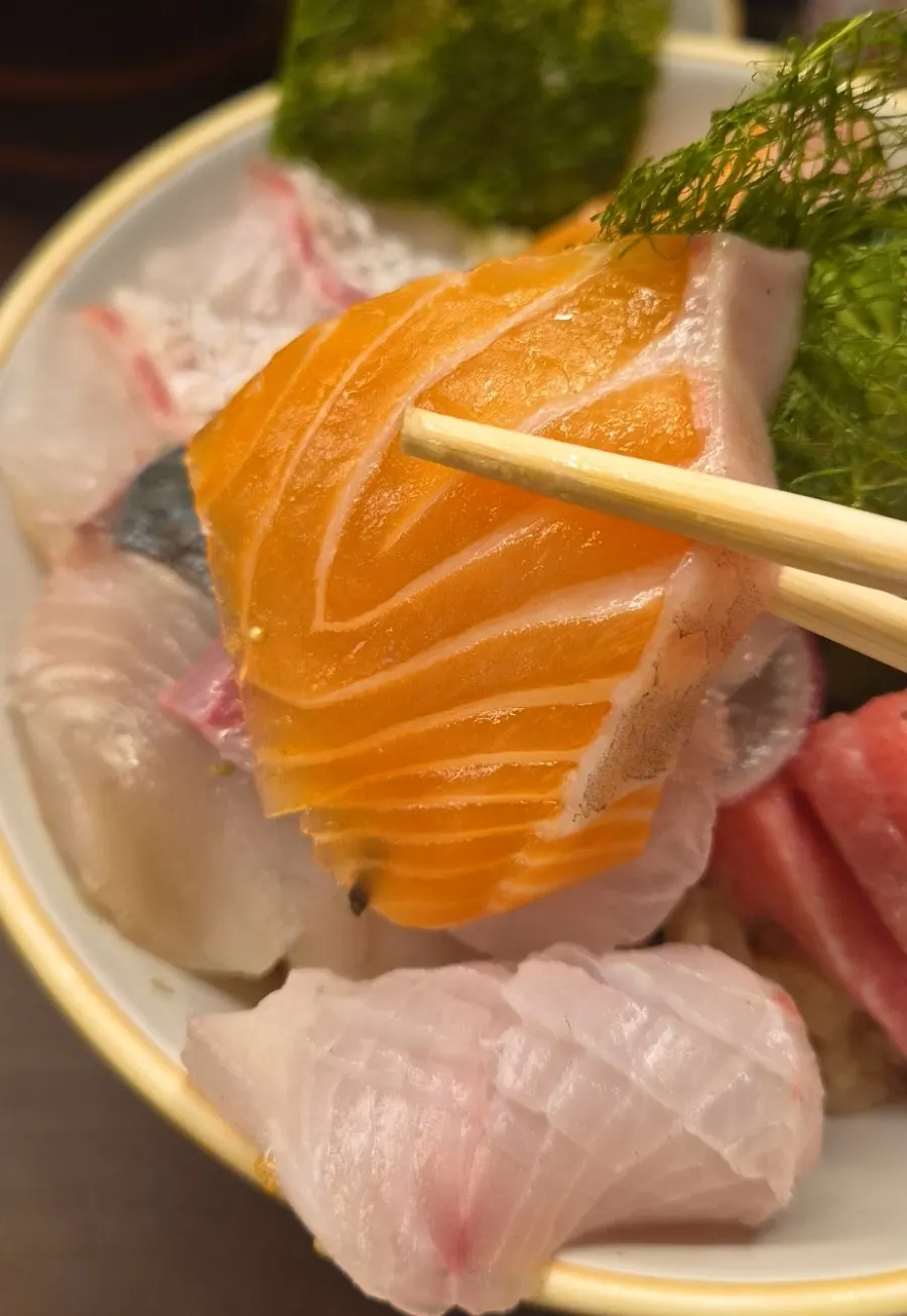 Rice bowl topped with assorted sashimi
