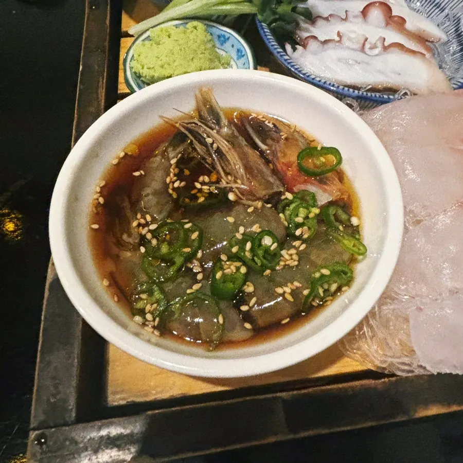 Soy-marinated shrimp and seafood accompaniments