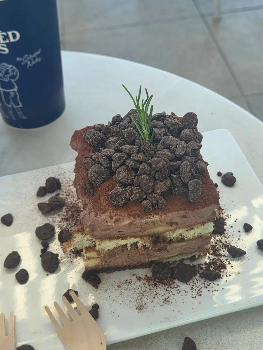 Chocolate banana tiramisu covered in chocolate chips