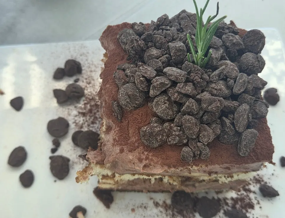 A spoonful of chocolate banana tiramisu