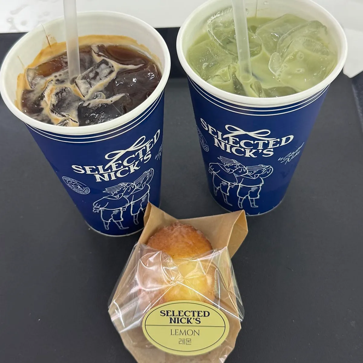 Iced americano, iced matcha latte, and lemon madeleine