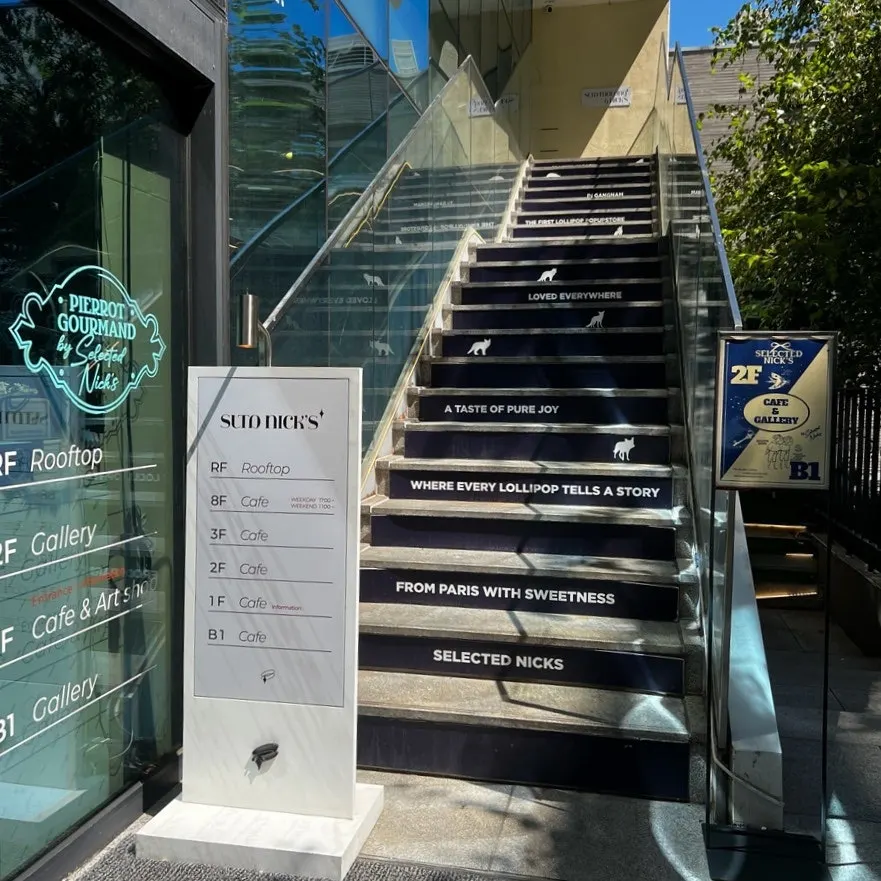 Floor guide sign on the entrance staircase