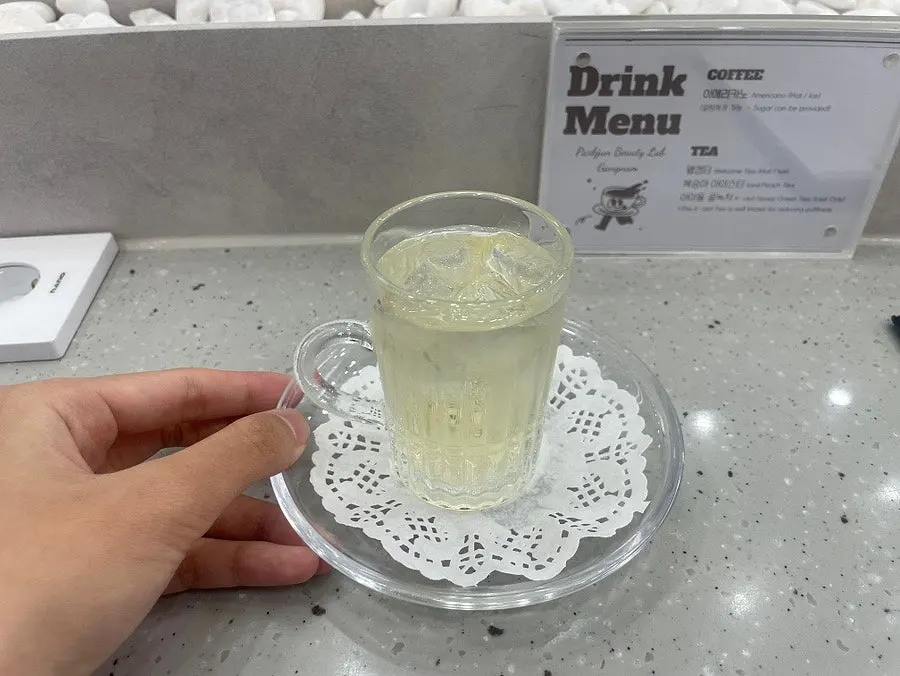 A cup of tea prepared at the consultation seat