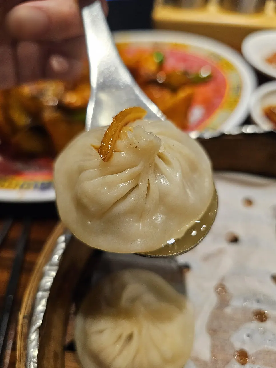 A single xiaolongbao dumpling filled with hot broth