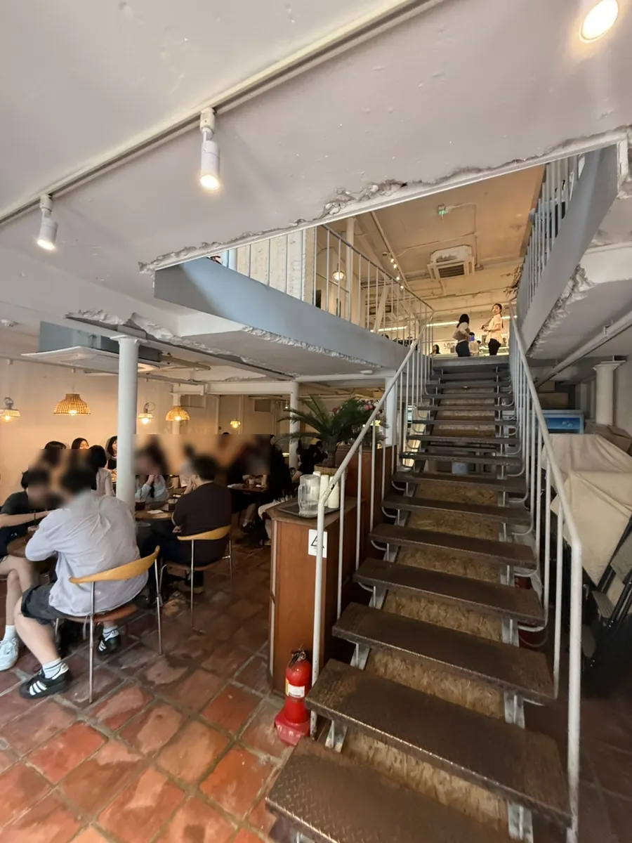 Crowded first floor of the café on a weekend afternoon