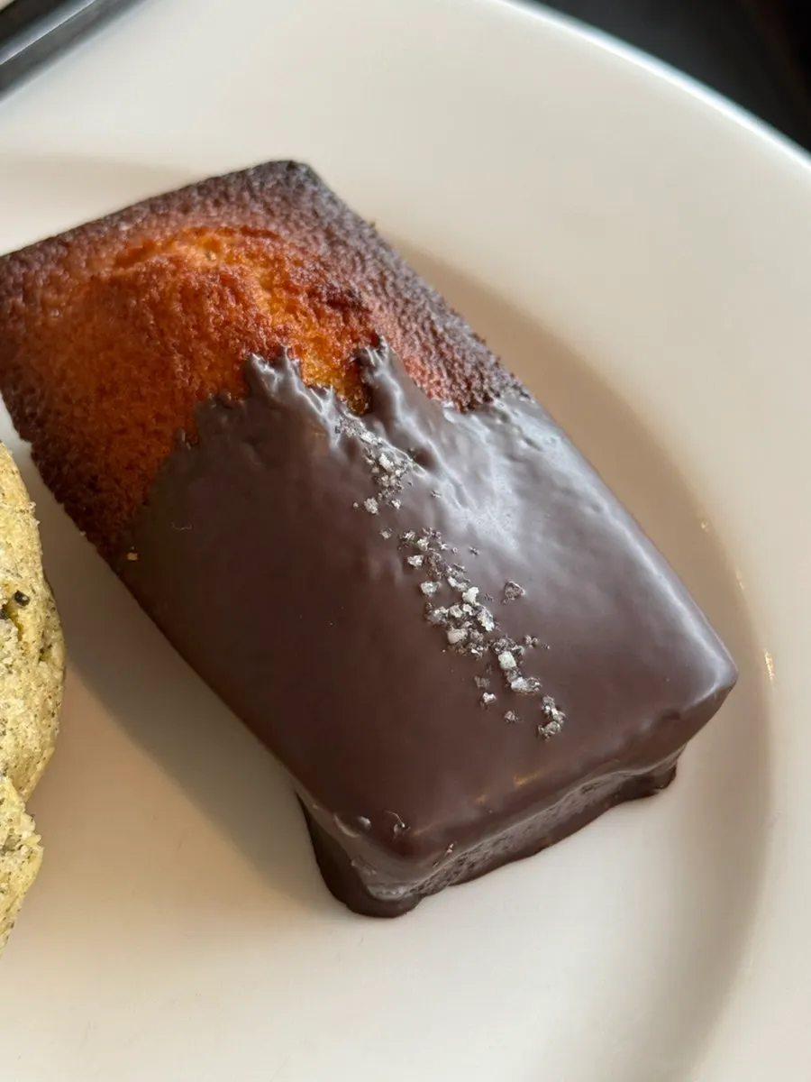Cross-section of the salted chocolate financier cut in half