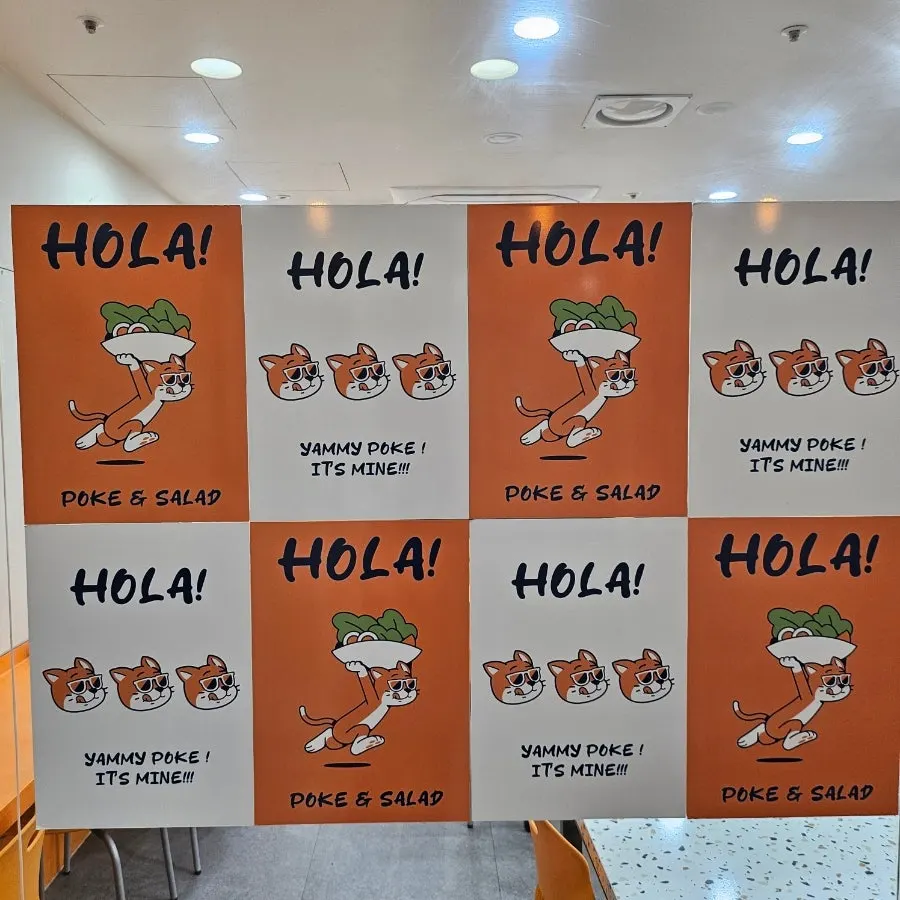 Meal-card payment sign and Ola Poke character illustration