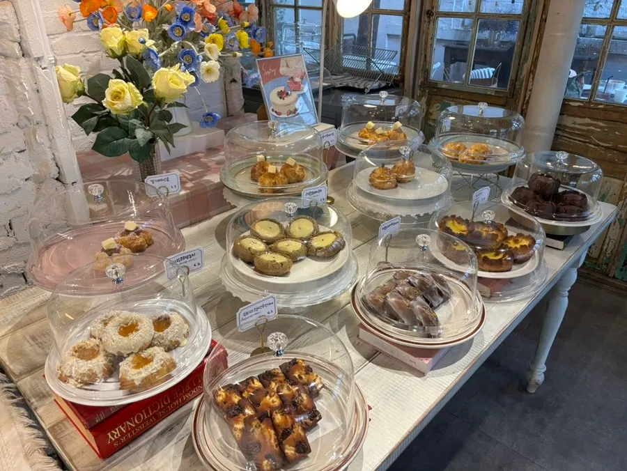 Dessert showcase with cakes on display