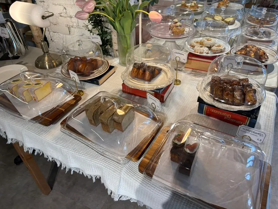 Baked pastries displayed in the showcase