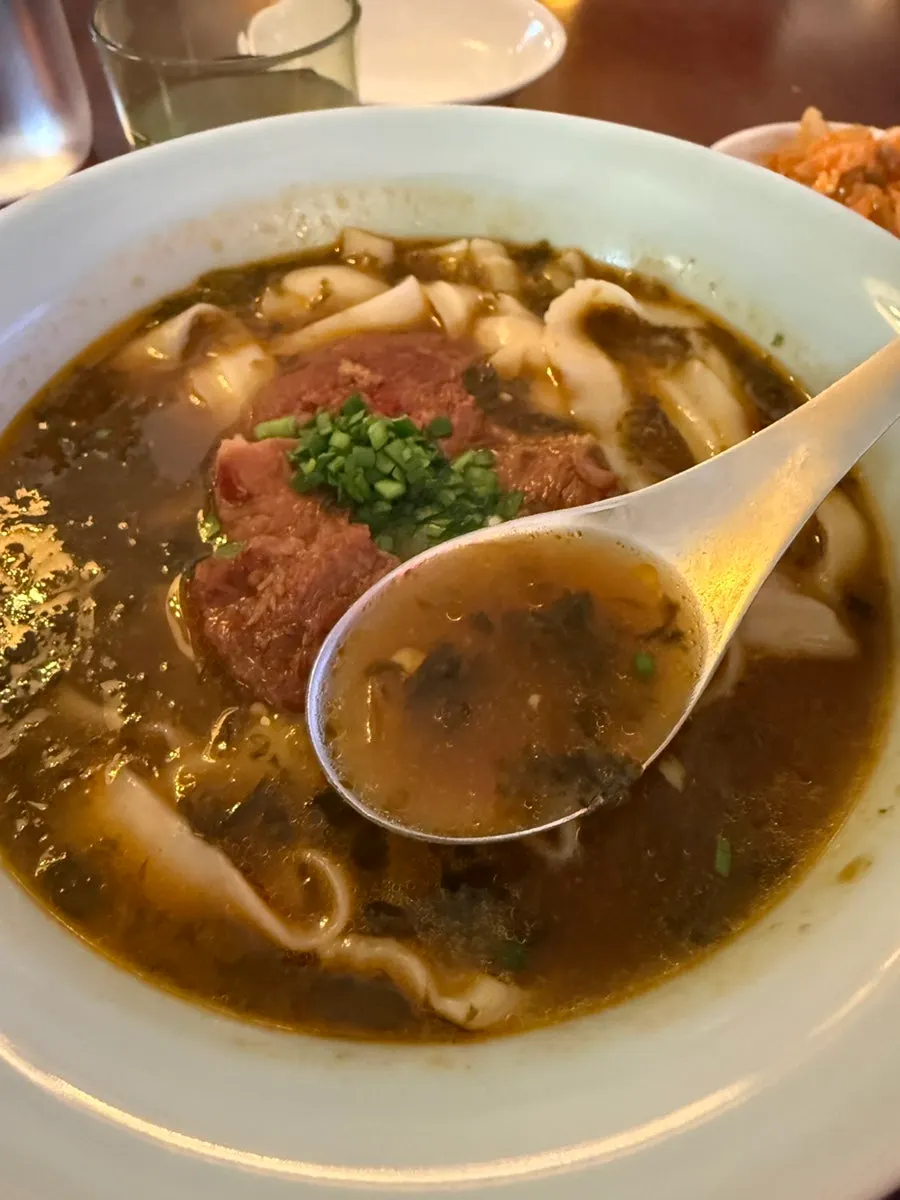 Beef noodles showing pickled mustard leaf in the broth