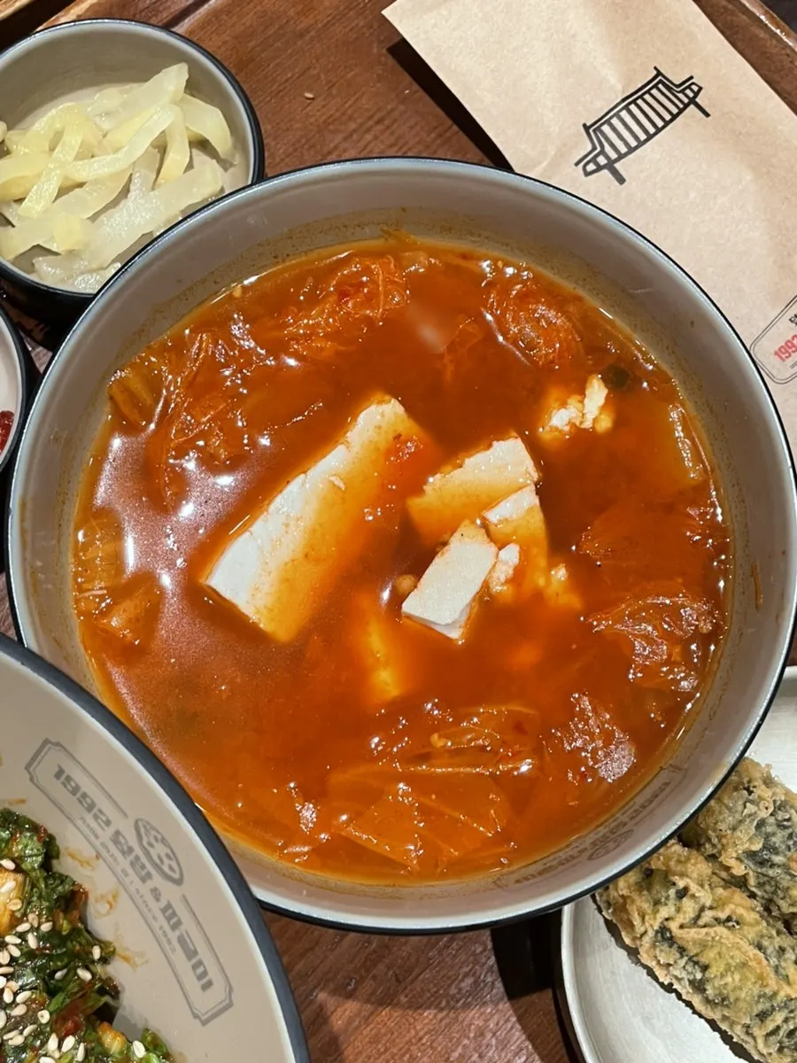 Close-up of a spoonful of bibimbap