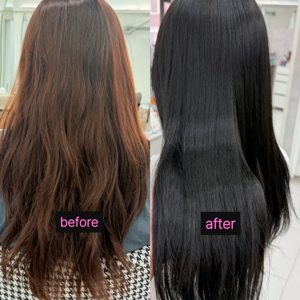 Front view of long hair after the toffee brown repair dye