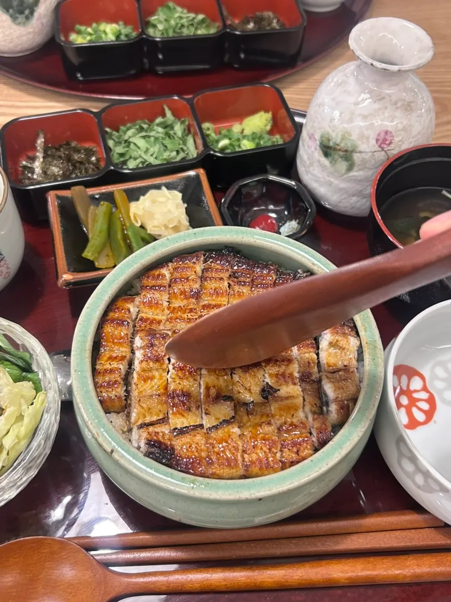 Eel rice bowl with perilla leaf and wasabi added