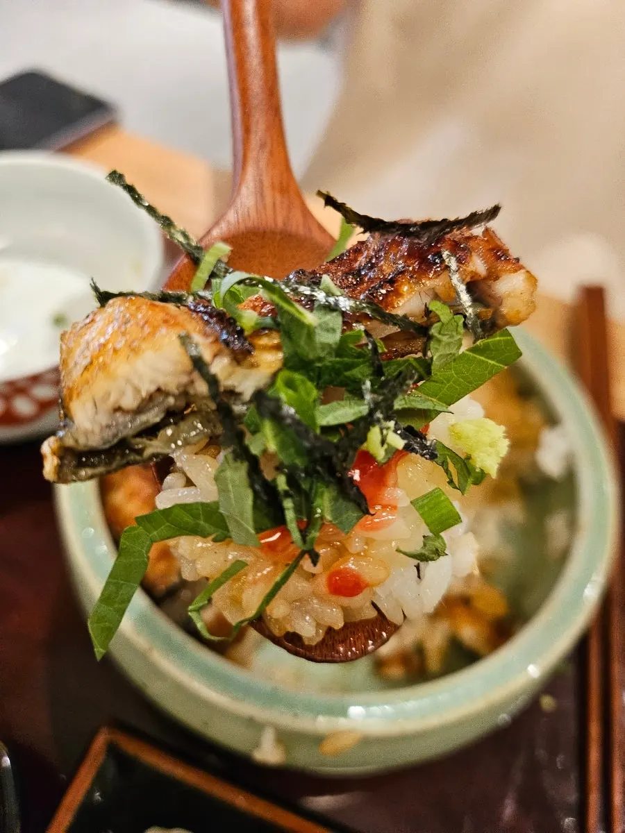 Hitsumabushi topped with wasabi and scallions