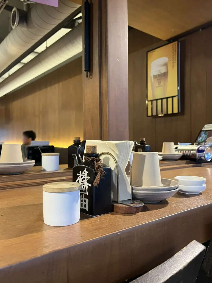 Wood-tone interior of the Japanese-style oden bar