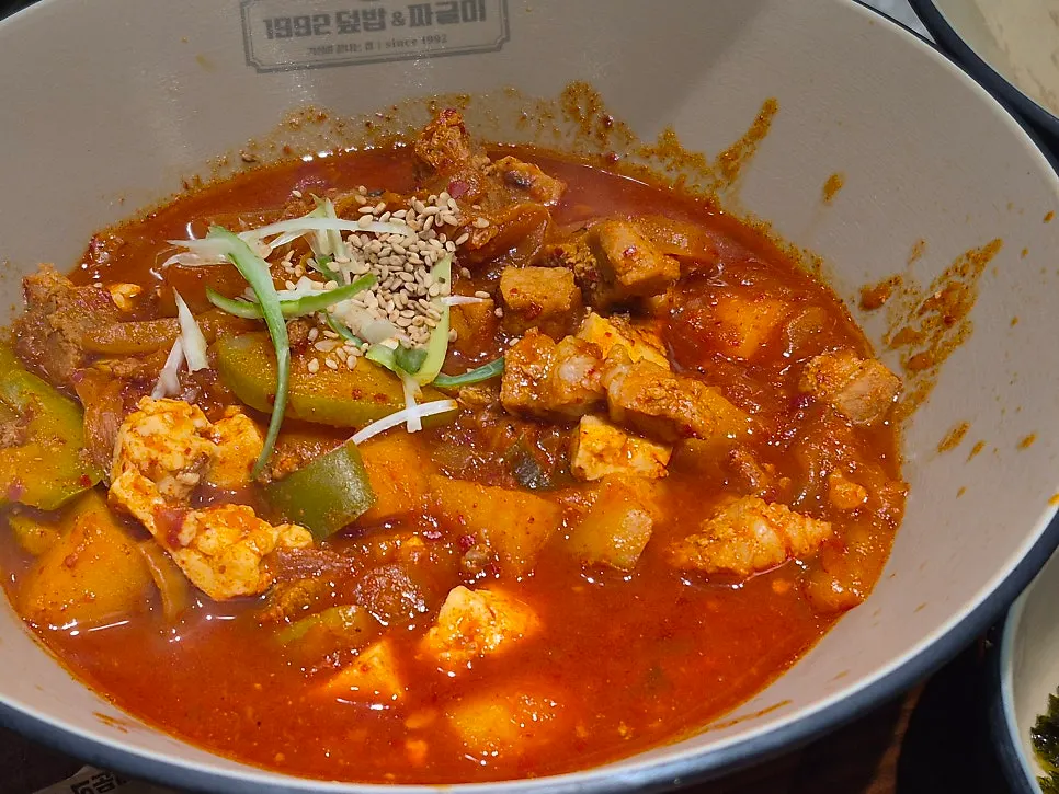 Close-up of the spicy jjageuli broth and tofu