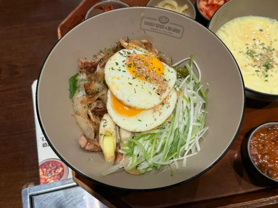 Full meal set with side dishes and steamed egg